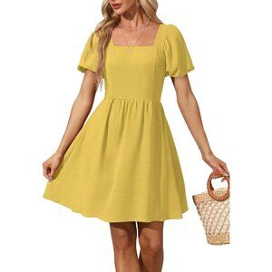 Ofeefan Women Yellow Puff Sleeve Square Neck Tie in Back Dresses with Zipper